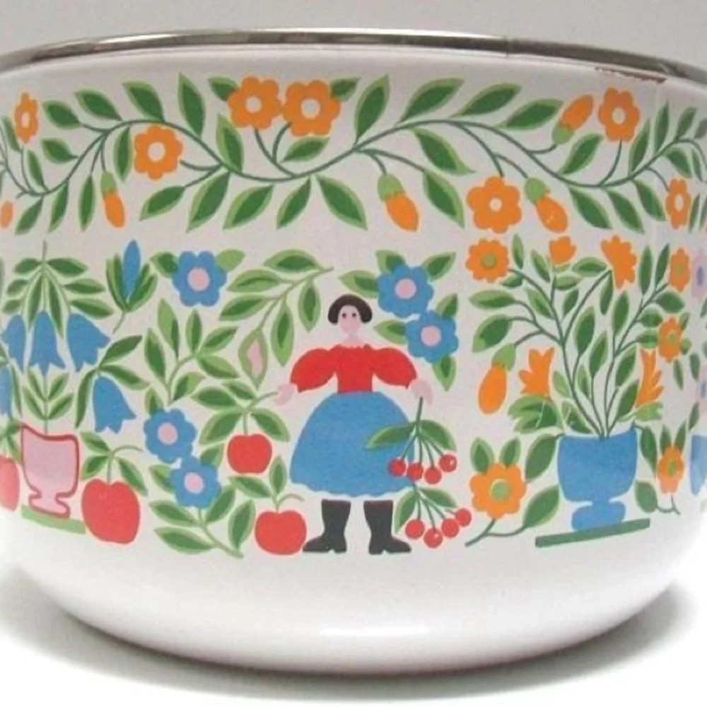 Mid-Century Enamel Bowl Vintage Dutch Girl Flowers Peacock Doves Strawberries